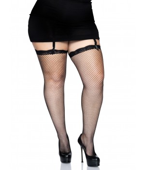 Black Fishnet Queen Size Garter Stockings with Lace Top