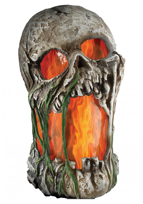 Flaming Rotted Skull Animated Prop - 12 Inches