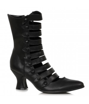 Victorian Open Front Low Heeled Ankle Boots - Black